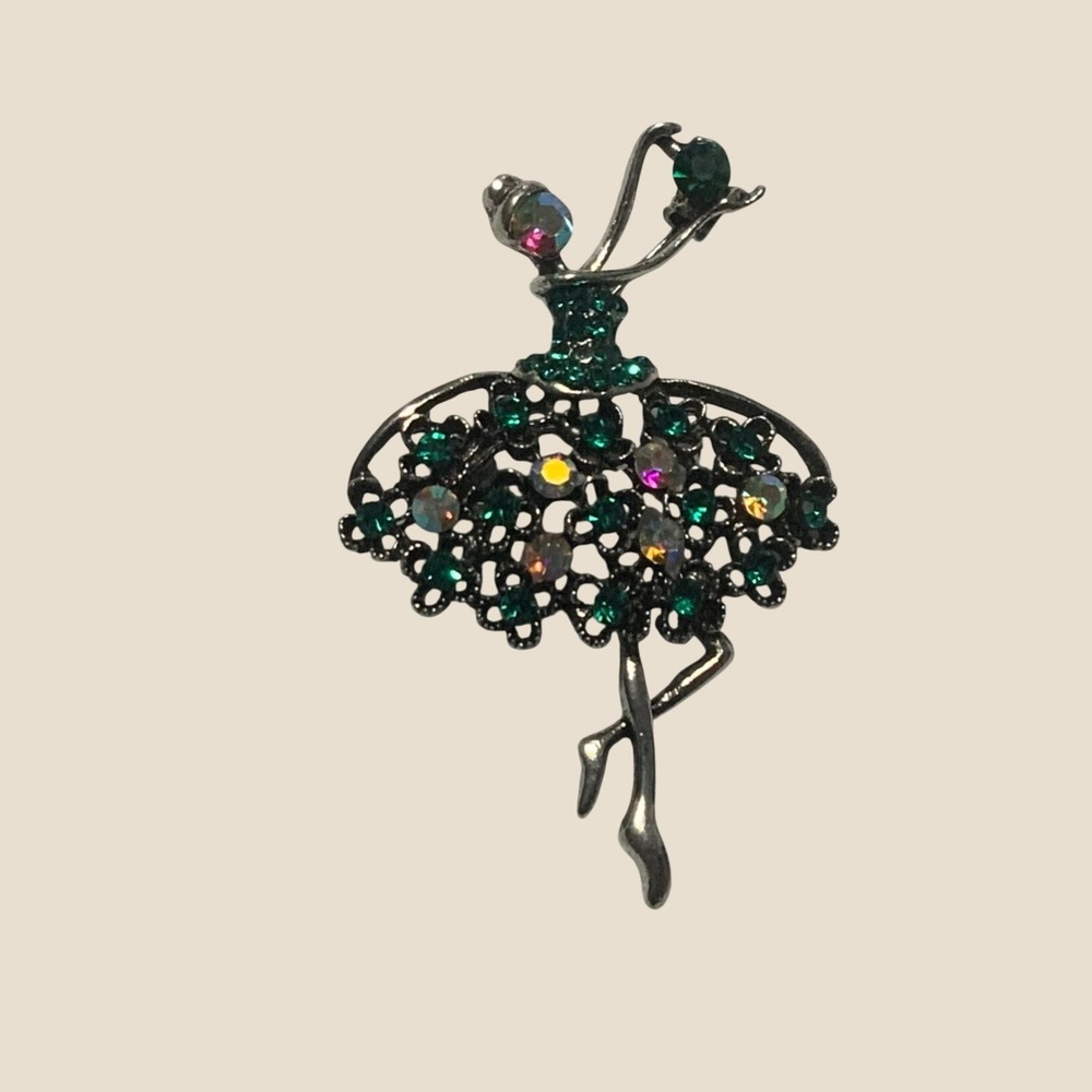 Vintage Ballerina Dancer Brooch Silver Tone Green AB Rhinestone Tutu Pin 2"